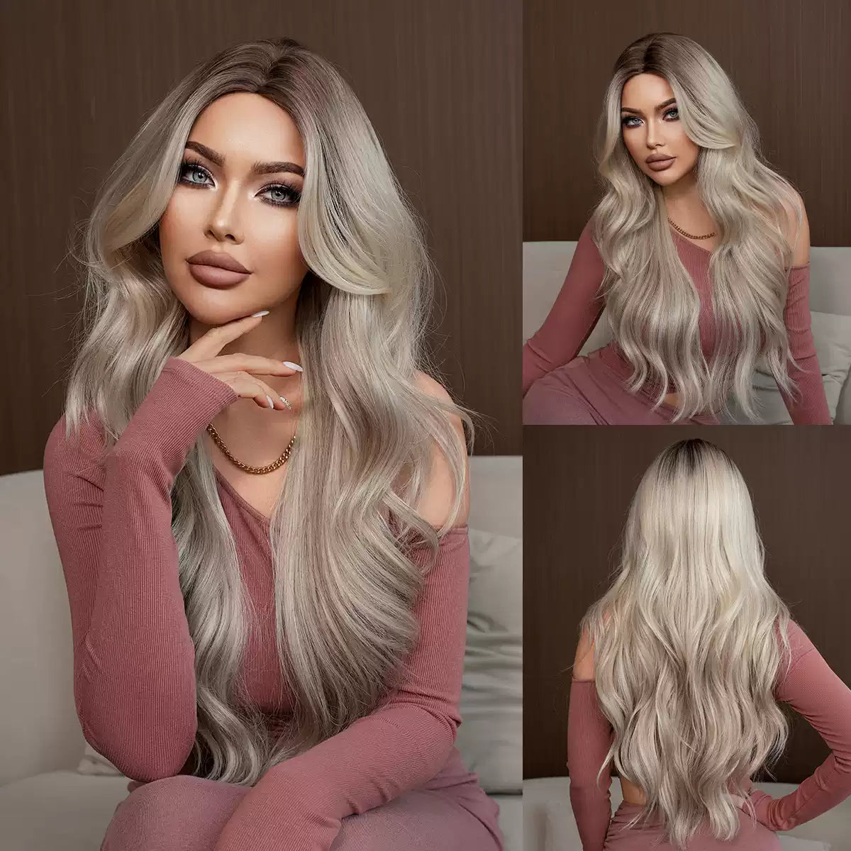 Peruka Efekt Naturalny Blond Cieniowany Falowana Długa