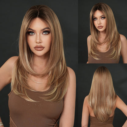Peruka Efekt Naturalny Prosta Ombre Blond z Ciemnymi Korzeniami