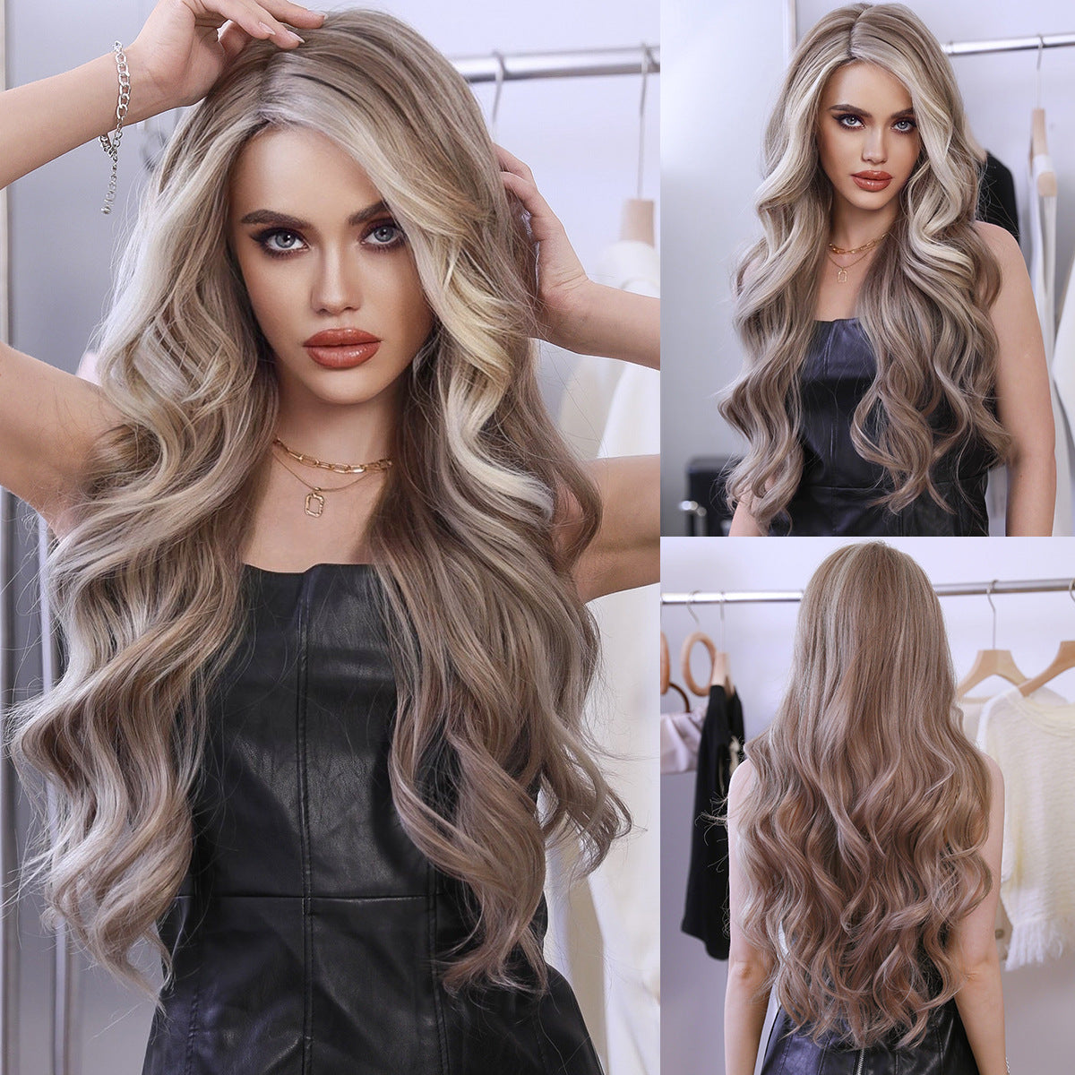 Peruka Efekt Naturalny Długa Falowana Blond z Refleksami