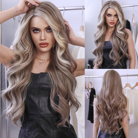 Peruka Efekt Naturalny Długa Falowana Blond z Refleksami