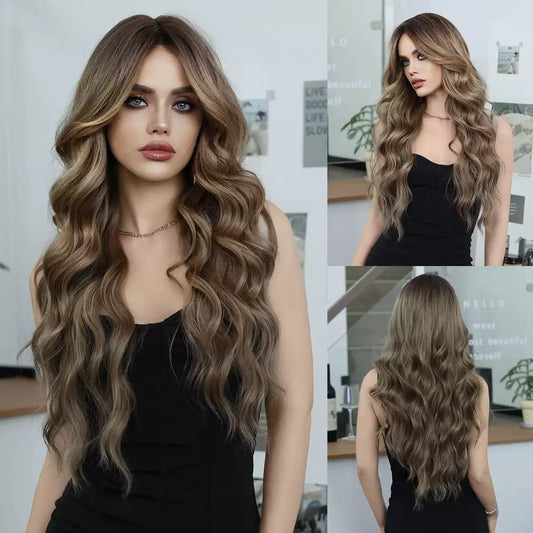 Peruka Efekt Naturalny Ciemnoblond Falowana Długa