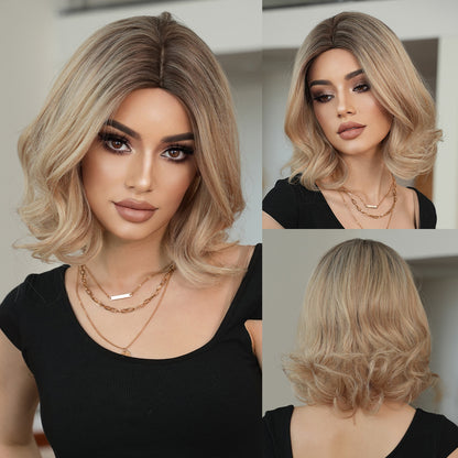 Peruka Efekt Naturalny Blond Krótka Falowana z Ciemnymi Korzeniami