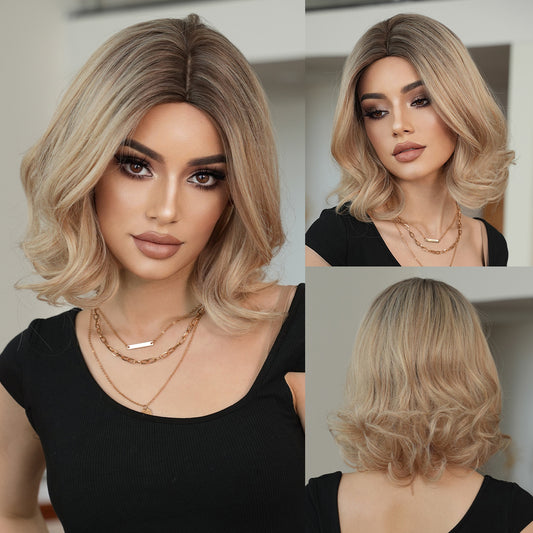 Peruka Efekt Naturalny Blond Krótka Falowana z Ciemnymi Korzeniami